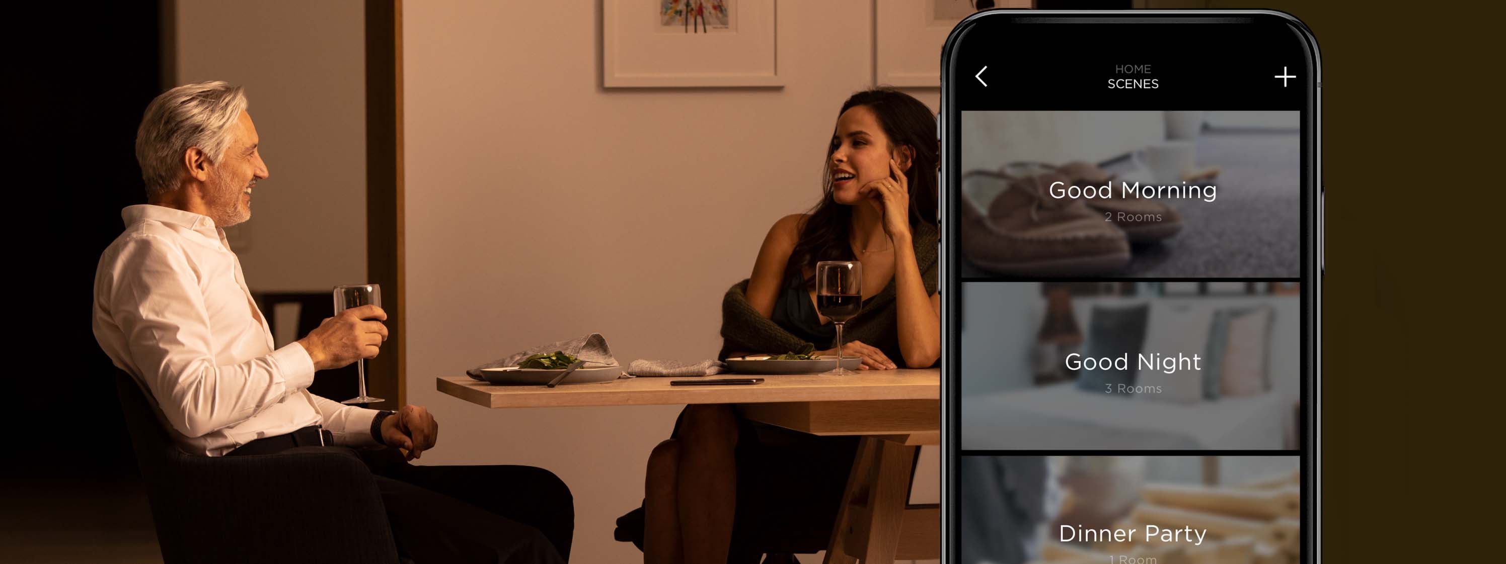 Control4 Touch panel in a able with a traditional home in the background